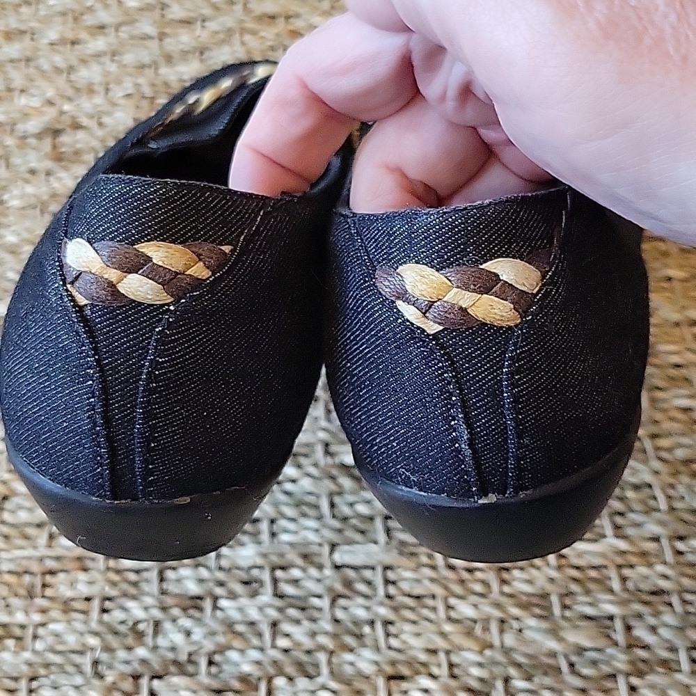 CLASSIQUE SPORT denim loafter shoes with brown and tan accent. size is 7 M. - Picture 2 of 7